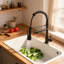 Robinet de cuisine en acier inoxydable noir mat avec douchette rétractable et poignée à ressort à poignée simple