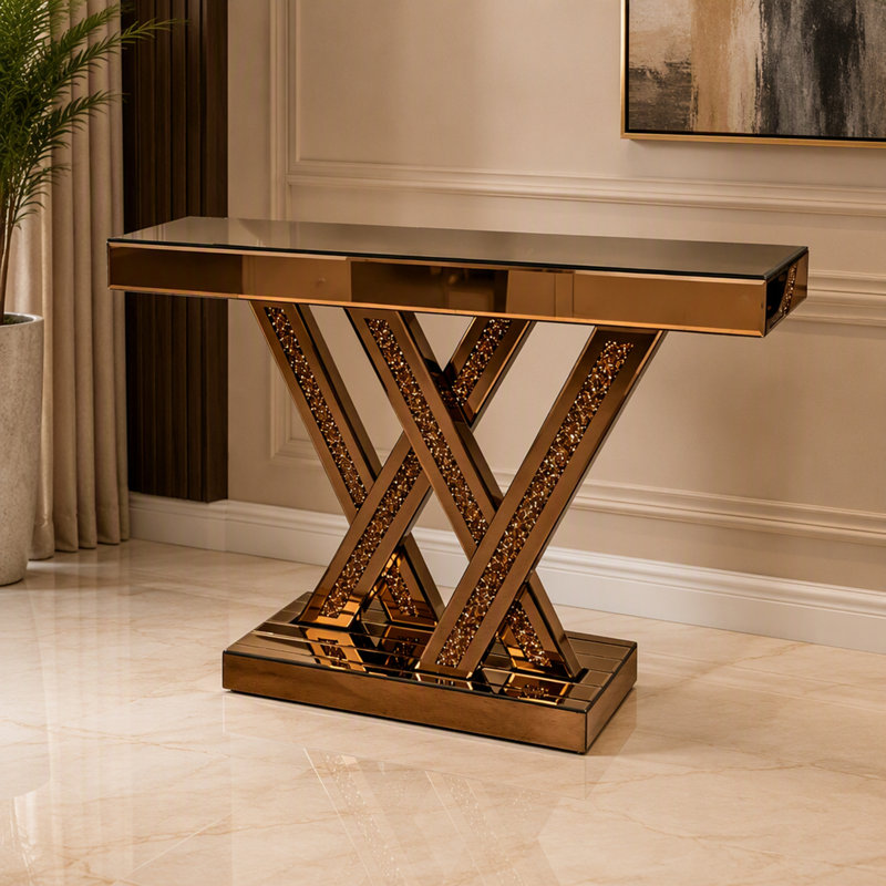 Console d'entrée moderne avec incrustation de diamants broyés et verre miroir