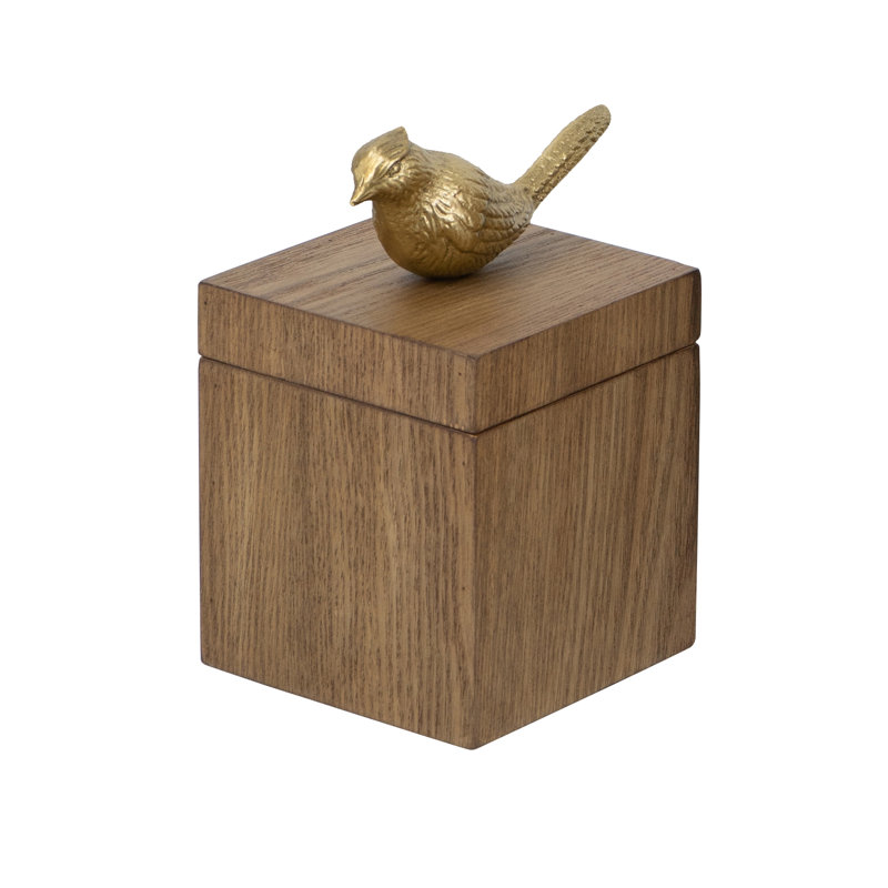 Boîte de rangement en bois brun 4 x 4 x 7 po avec finition en placage de frêne et sculpture en or ludique