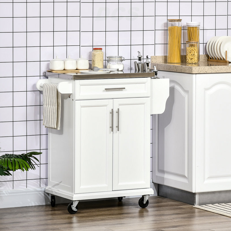 Kitchen Island On Wheels, Rolling Kitchen Cart With Stainless Steel Countertop, Drawer, Towel Rack And Spice Rack, Utility Storage Trolley, White, Kitchen Island