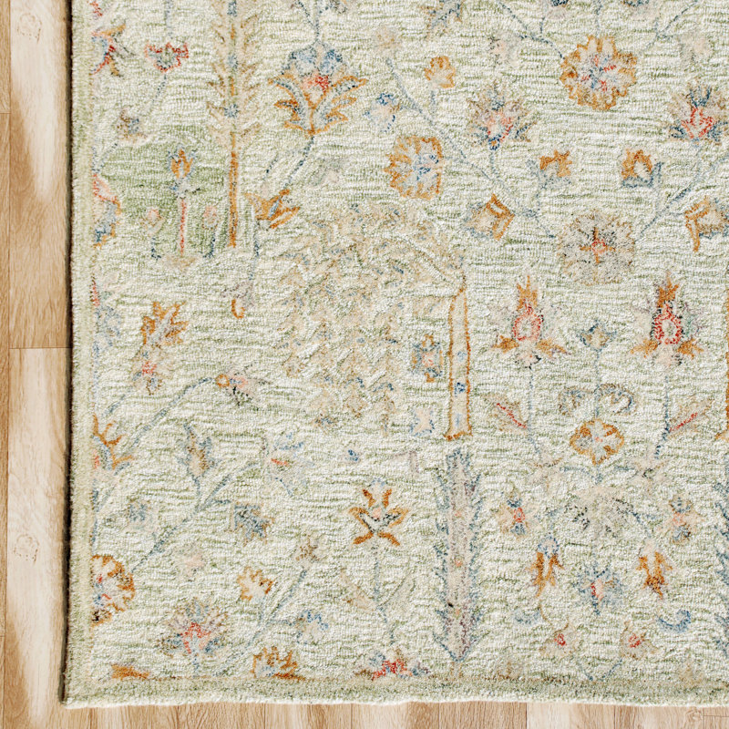 Tapis d'intérieur en laine naturel fait à la main vert sauge, Rectangle 10 pi x 14 pi