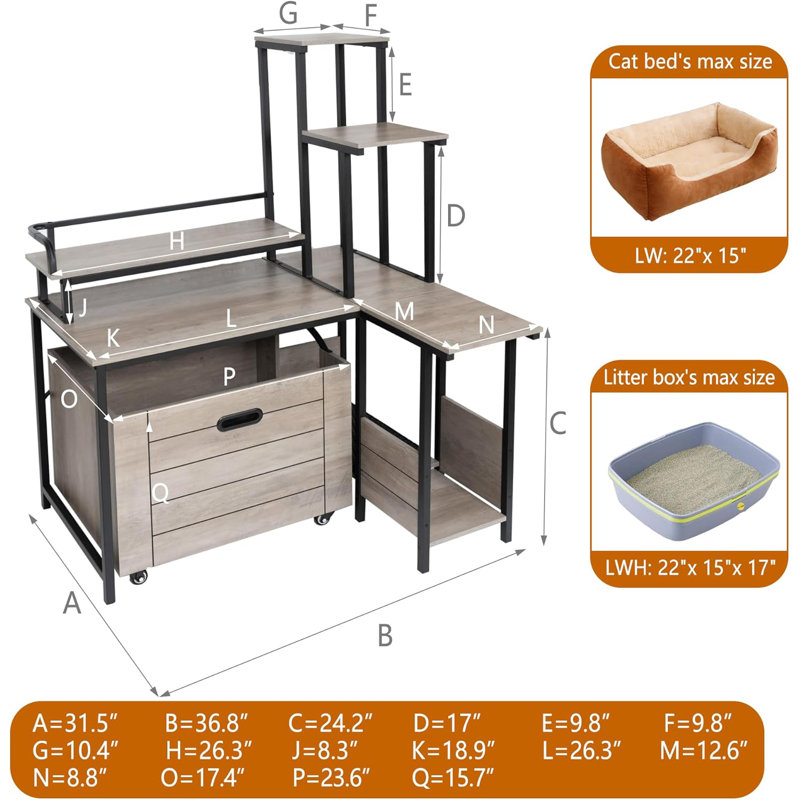 Litter Box Enclosure Cat Tree with 6 Storage Shelves and Pullable Carring Tray, Gray