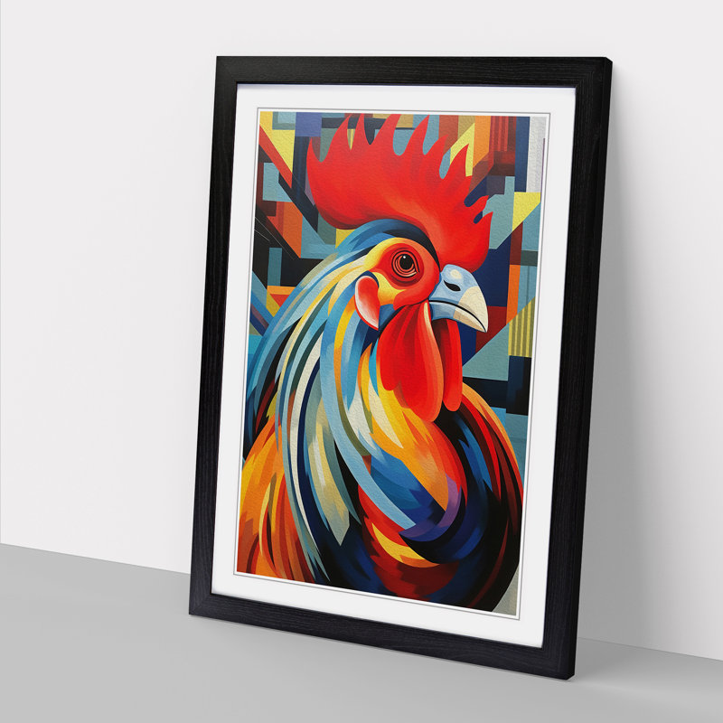 Rooster Constructivism - Single Picture Frame Print on Wood, 64cm H x 46cm W x 2cm D, Black