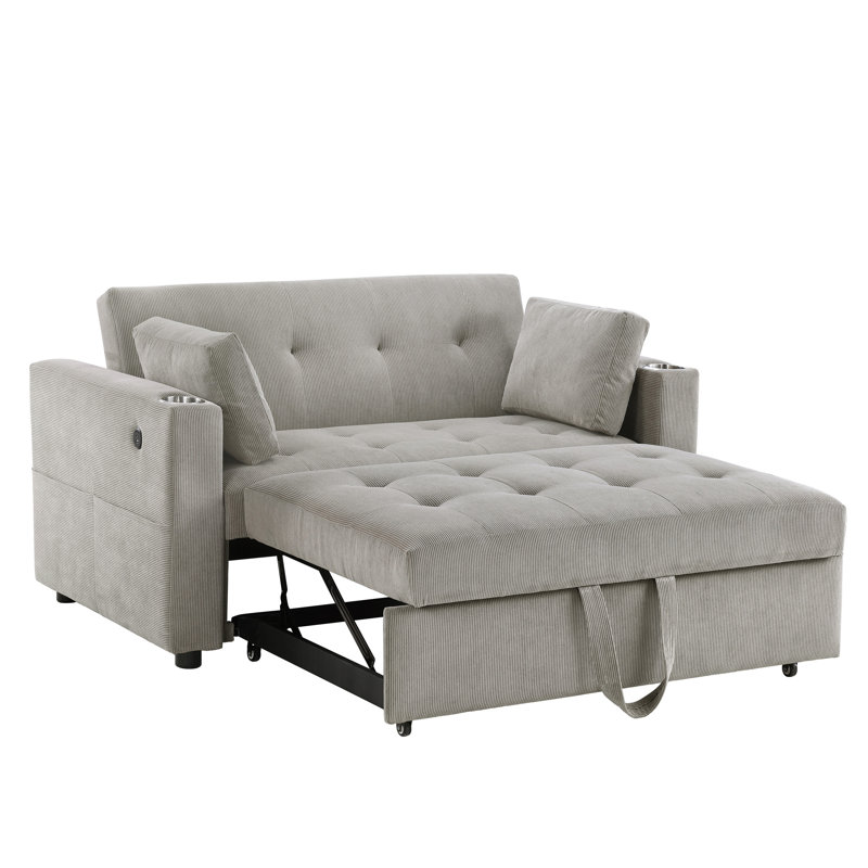 Causeuse-lit convertible en velours côtelé avec porte-gobelets Luelle, Gris