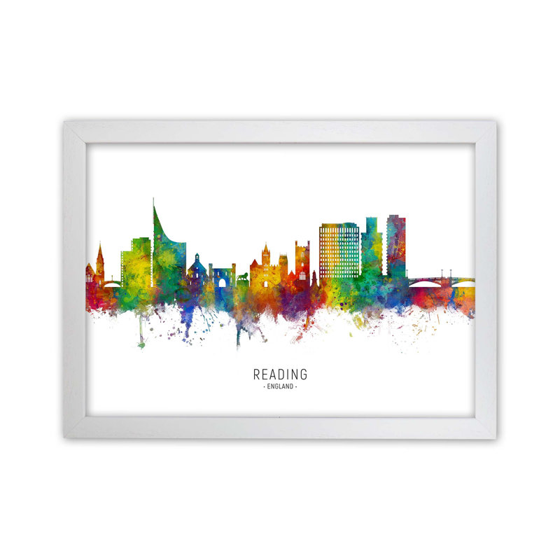 Reading England Skyline by Michael Tompsett - Print, White Framed, 25cm H x 34cm W x 3cm D