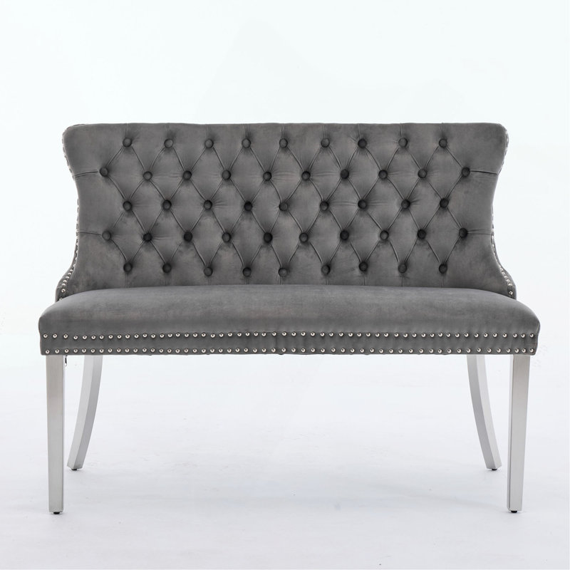 Velvet Double Dining Loveseat Bench, Kitchen & Dining Seating, 2-Seat Tufted Bench W/Handmade Buttons, Wing Back, Brushed Silver Stainless Steel Legs, Mid Century Modern