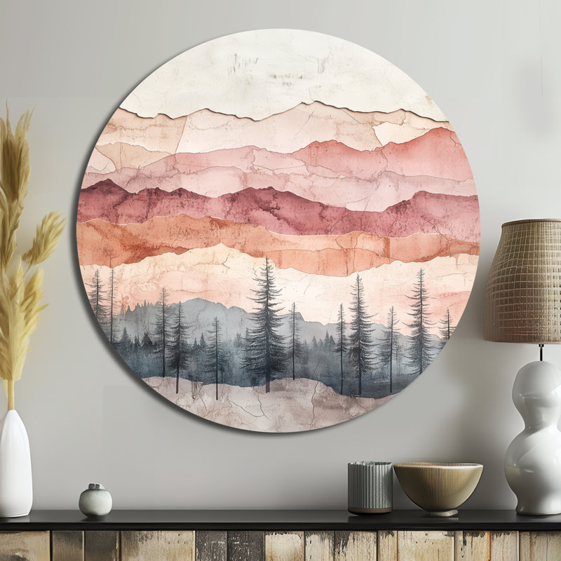 «Forest Terrain In Blush», art mural rond grand paysage abstrait, L 29 po x H 29 po