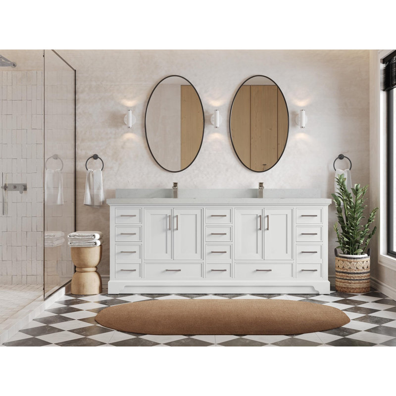 Meuble-lavabo double 84 po avec plateau en quartz Charlotte, Quartz de Carrare