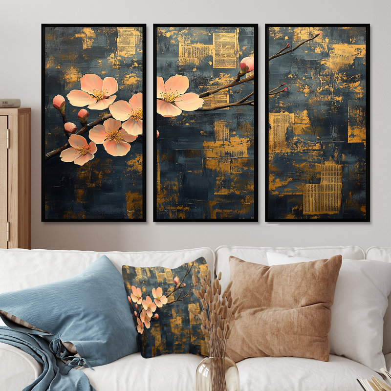 Fleur de cerisier orange et jaune - Ensemble de décorations murales cerisier en fleurs, H 28 po x l 36 po x P 1 po