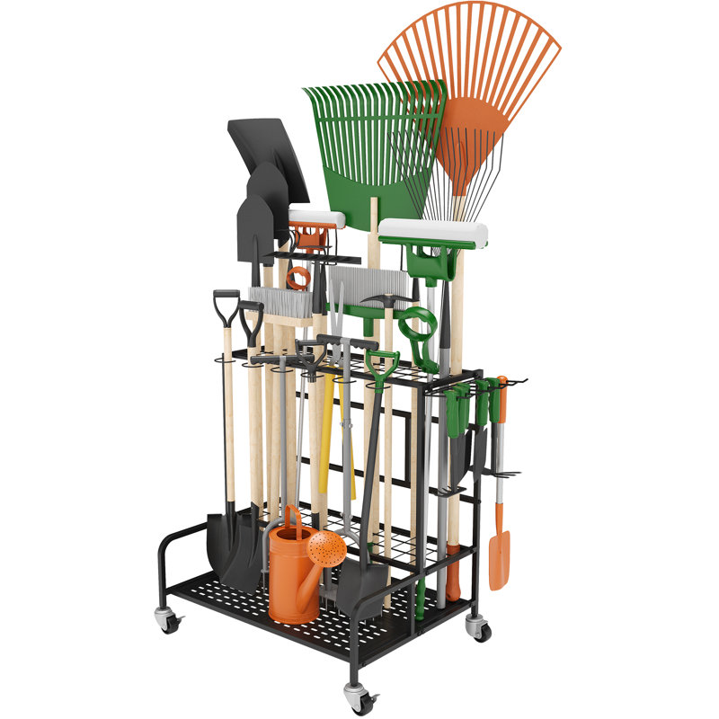Support à outils de jardin avec roues et 12 crochets, pouvant contenir 39 outils pour le garage, la remise et le patio