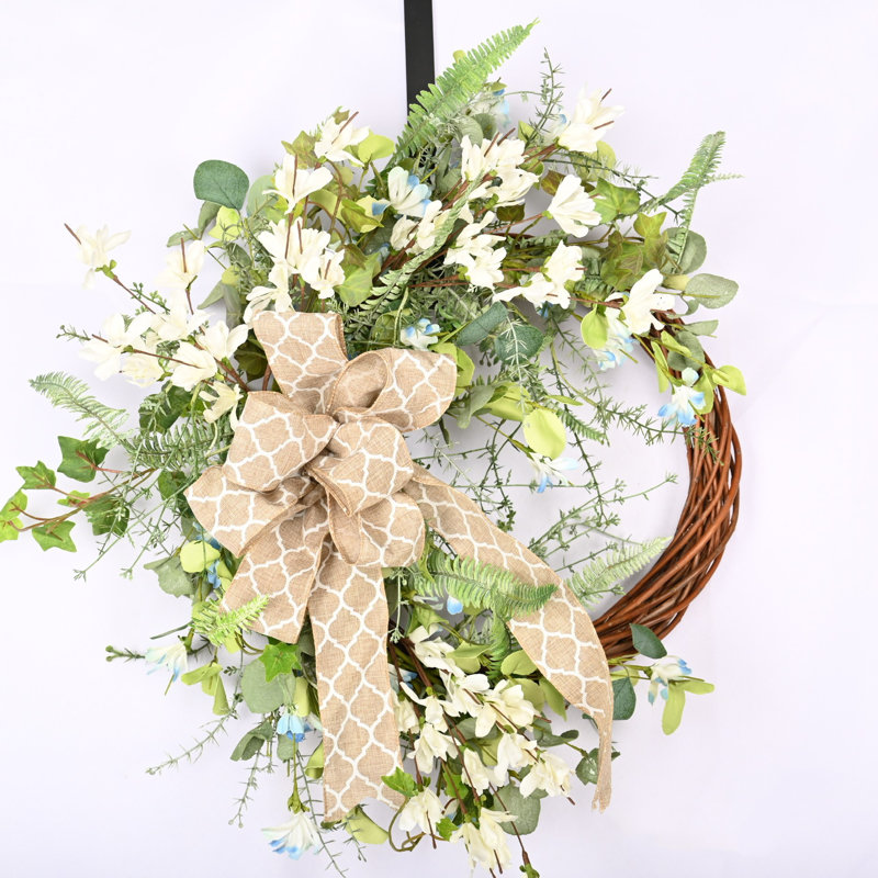 24" Spring Summer Floral Forsythia Bow Wreath for Front Door, Brown/Green/White