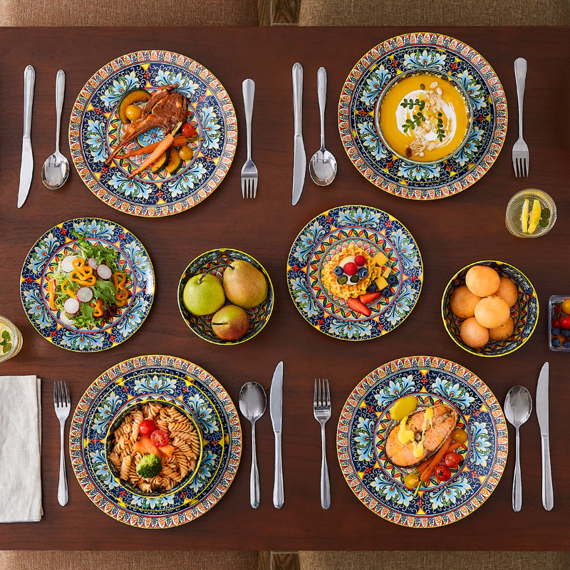 12 Pieces Porcelain Dinnerware Set, Multicolour Set, Dinner Plate, Dessert Plate And Bowl Set For 4 Person, Polychrome, Ceramic Stamping In Bohemian Style