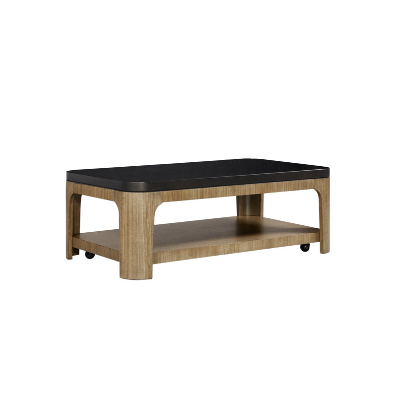 Carstens Cocktail Table – Modern Coffee Table with Tempered Glass Insert & Storage Shelf, Eucalyptus Veneer