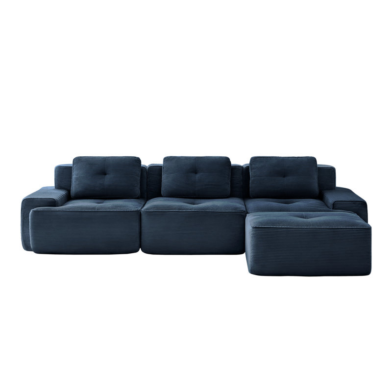Canapé modulaire en forme de L de 117 po pour salon modulaire en tissu velours côtelé de 117 po avec siège profond et repose-pieds mobile, passepoil perlé, conception sans assemblage, conception antidérapante