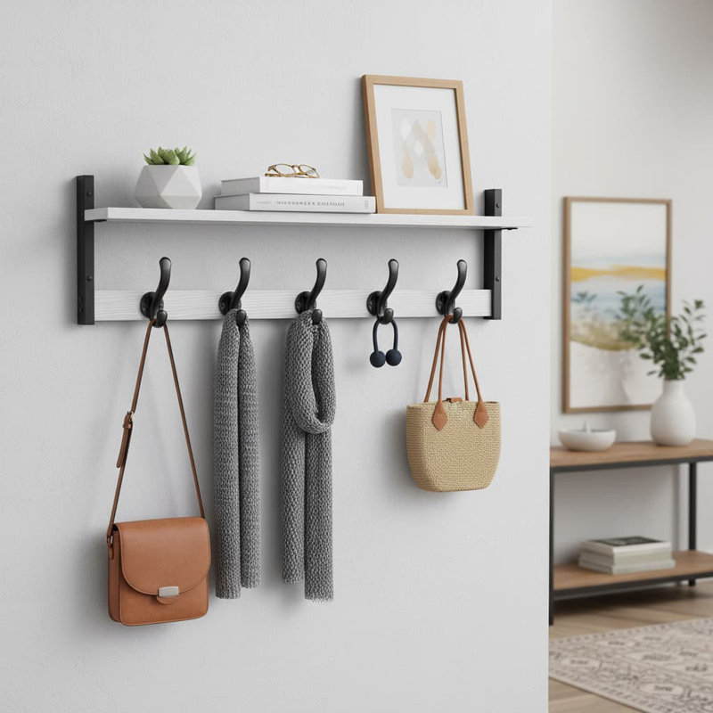 29" Rustic White Wall Mount Coat Rack with Shelf - Entryway/Bathroom/Bedroom, White