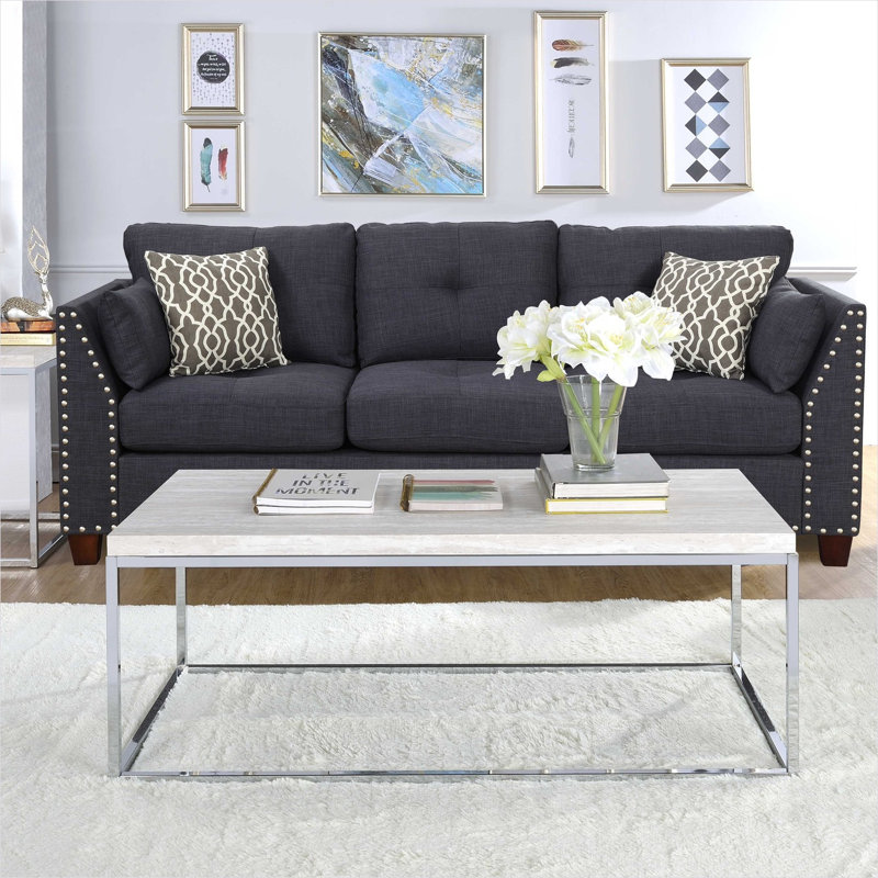 Table basse 48 pouces rectangulaire avec base de style traîneau moderne dans des tons de bois naturel et une finition chromée