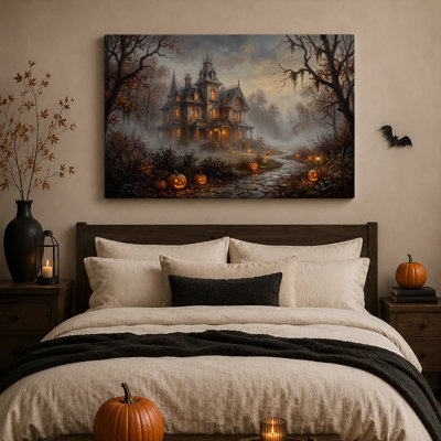 Manoir victorien hanté avec citrouilles illuminées sur une toile murale d'Halloween