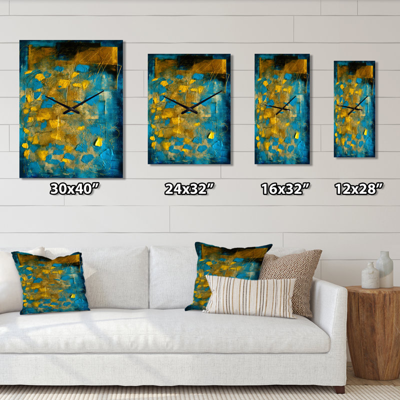 Horloge murale abstraite lyrique en bleu et jaune I - Collages abstraits, H 32 po x l 16 po x P 1 po