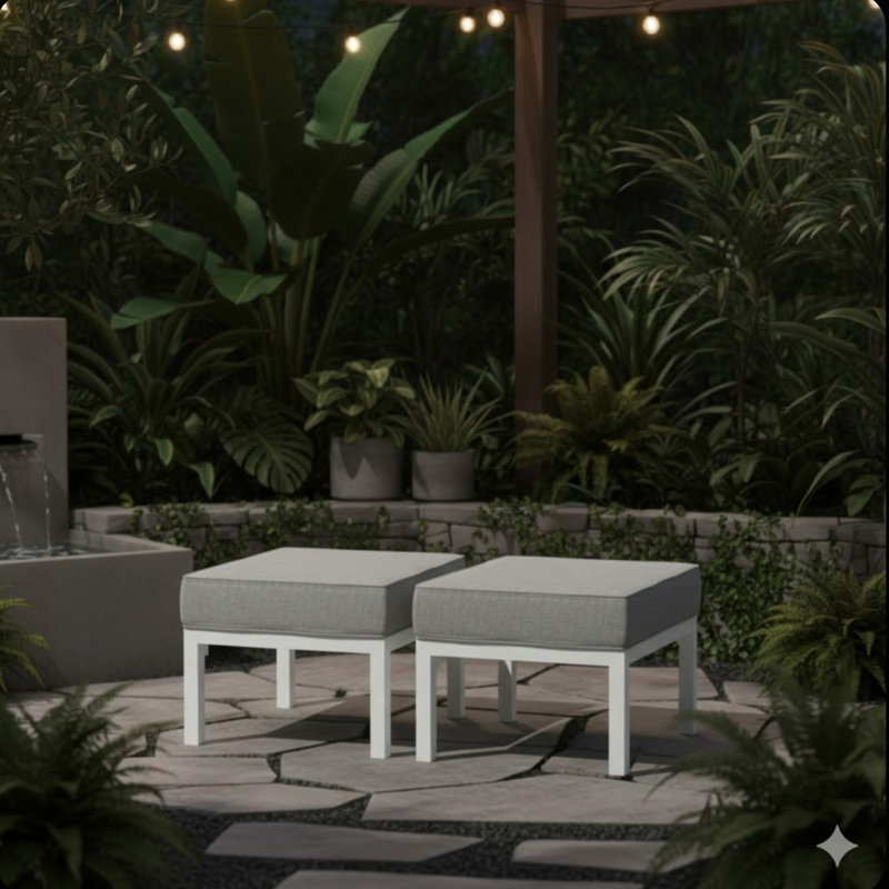 Set Of 2 24" Aluminum Patio Ottomans With Cushions, All-Weather Footrests, White