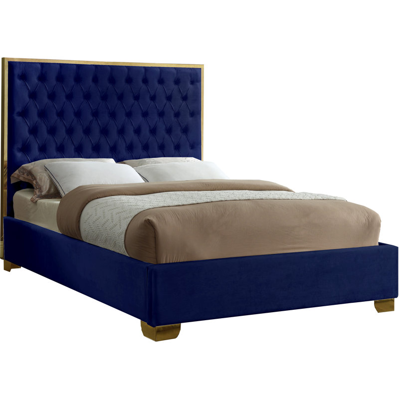 Spadaro Upholstered Platform Bed, Navy Velvet, Gold, Full