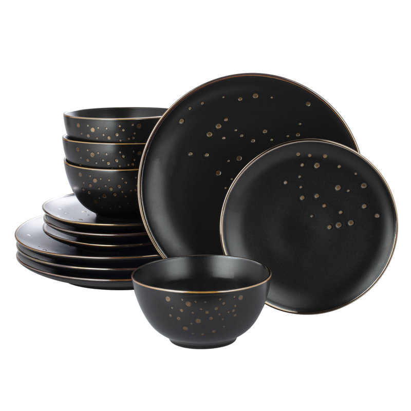 Waterside 12pc Ebony & Gold Stoneware Dinner Set