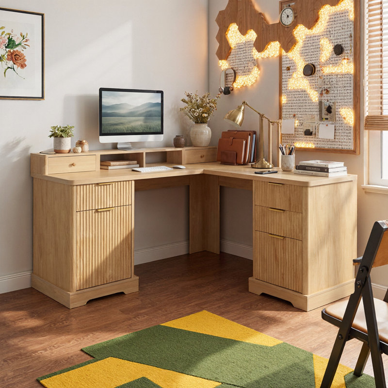 59" Modern Fluted Natural Wood L-Shaped Desk with Charging Station & Smart Storage Cabinet - Home Office Computer Desk with Monitor Stand