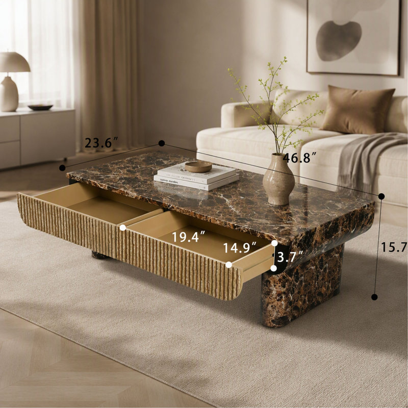 Table basse - 47 po - Faux marbre texturé en bois de noyer - Rectangulaire - Tiroir cannelé - Contemporain