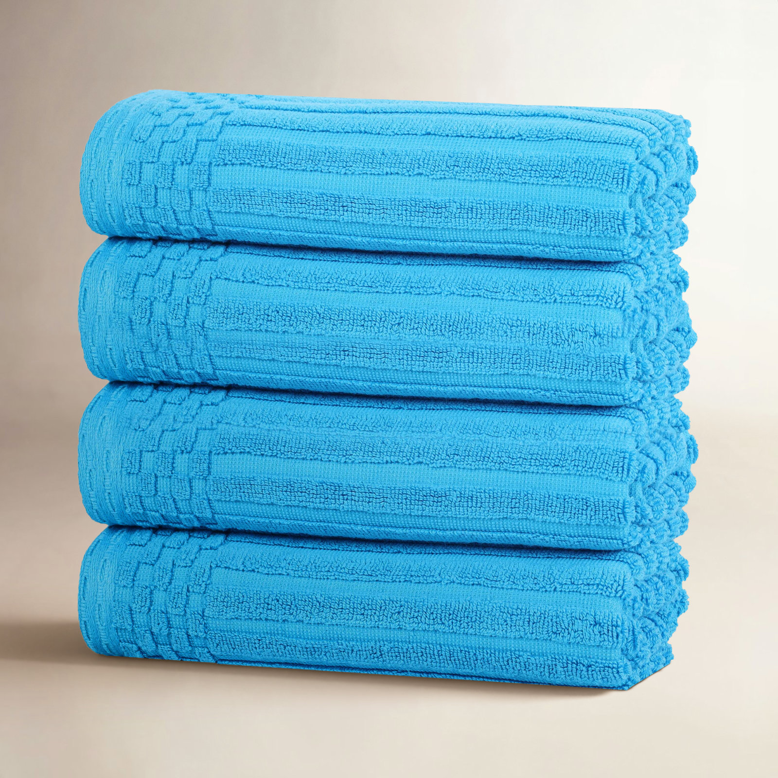 Checkered Border Cotton Hand Towel Set, Sky Blue
