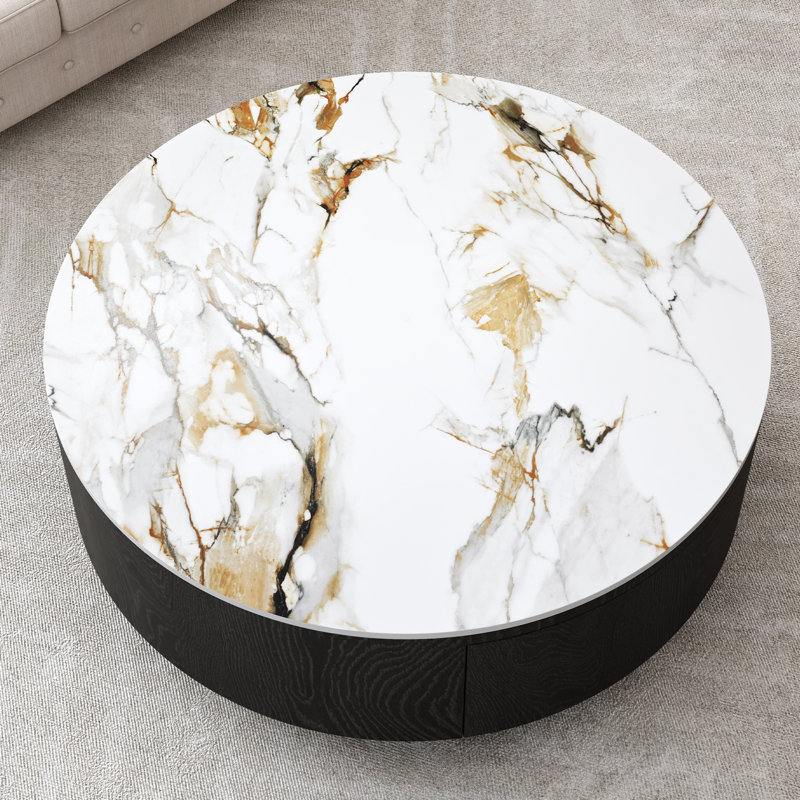 35.4" Round Faux Marble  Top Texture Coffee Table, Elegant Modern Storage Coffee Table for Living Room Office Leisure Area