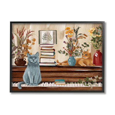 "Chats et livres sur piano" par Raquel Maciel, reproduction d'art sur toile