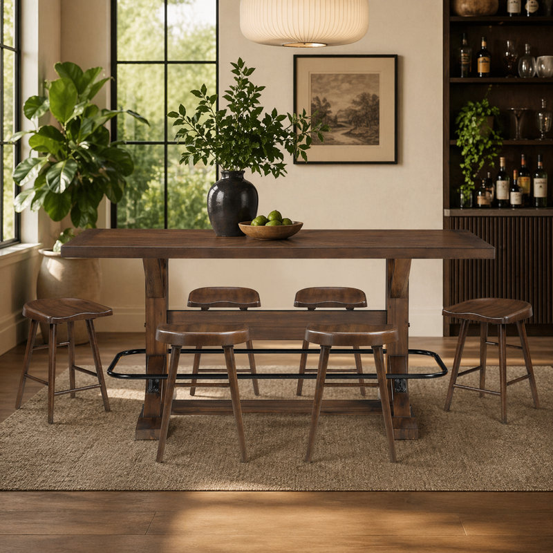 Malone 7-Piece Industrial Dining Set · Trestle Table & 6 Stools, 36" H x 78" W x 32" D