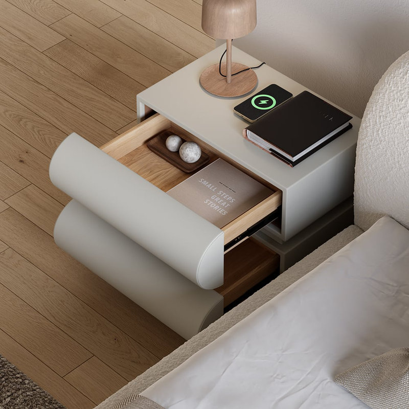 Humply Modern Leather White Smart Nightstand  2-Drawer Bedside Table with Wireless Charger , Gray