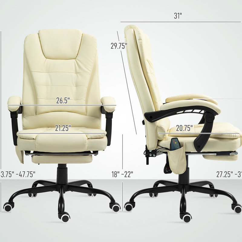 Fauteuil de bureau à haut dossier avec massage vibrant 7, blanc crème, réglable, soutien lombaire, repose-pieds, blanc inclinable pour le bureau de travail, hauteur réglable, fonction