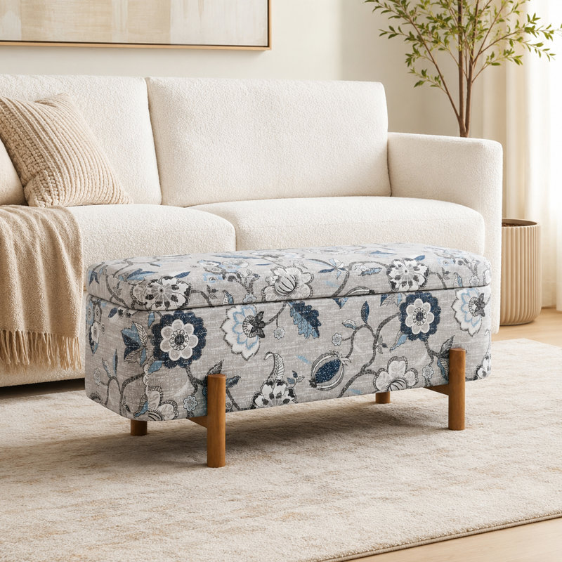 Banc de rangement avec repose-pieds Ashton, Tissu floral gris