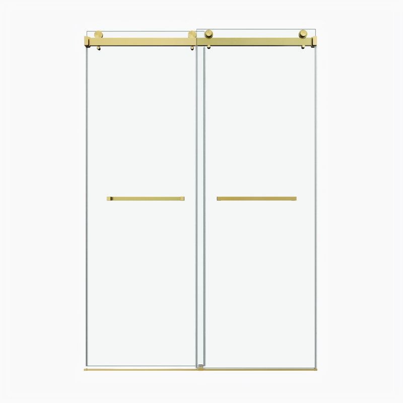 Porte de douche coulissante double sans cadre 66 po x 66 po, porte de douche double, verre trempé de 3/8 po (10 mm), acier inoxydable, or brossé