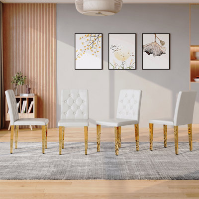 4-Piece Set white PU dining chairs: ergonomic buckle backrest, 35 inches high, golden metal legs Combines Comfort and Texture.