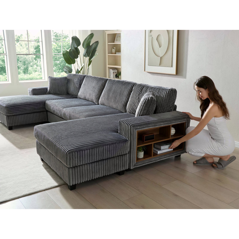Canapé convertible combiné en forme de U, tissu velours côtelé, canapé moderne confortable de grande taille à 4 places, fauteuil double salon