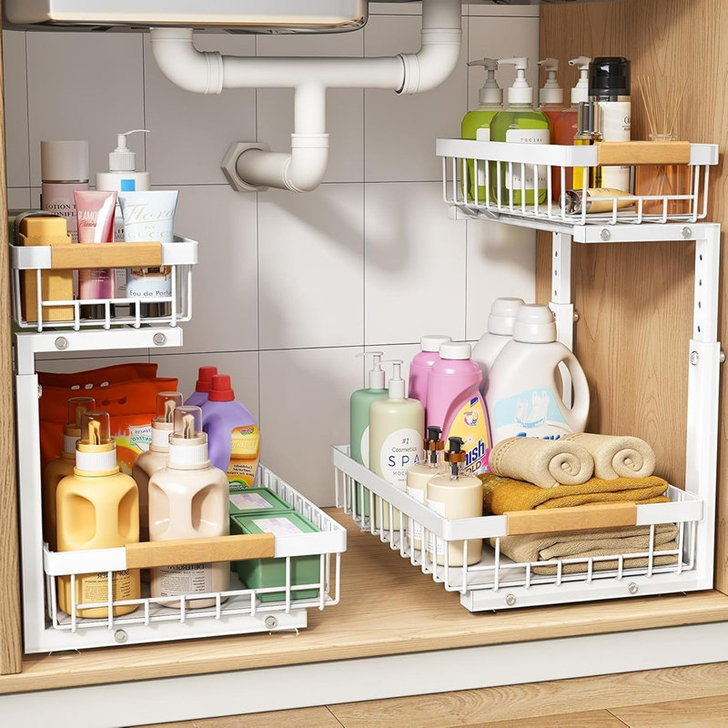 Ensemble de 2 organisateurs réglables sous l'évier à hauteur réglable, 2 rangements coulissants à 2 niveaux avec glissières lisses, organisateur en forme de C en métal pour la cuisine, la salle de bain, le garde-manger et la buanderie