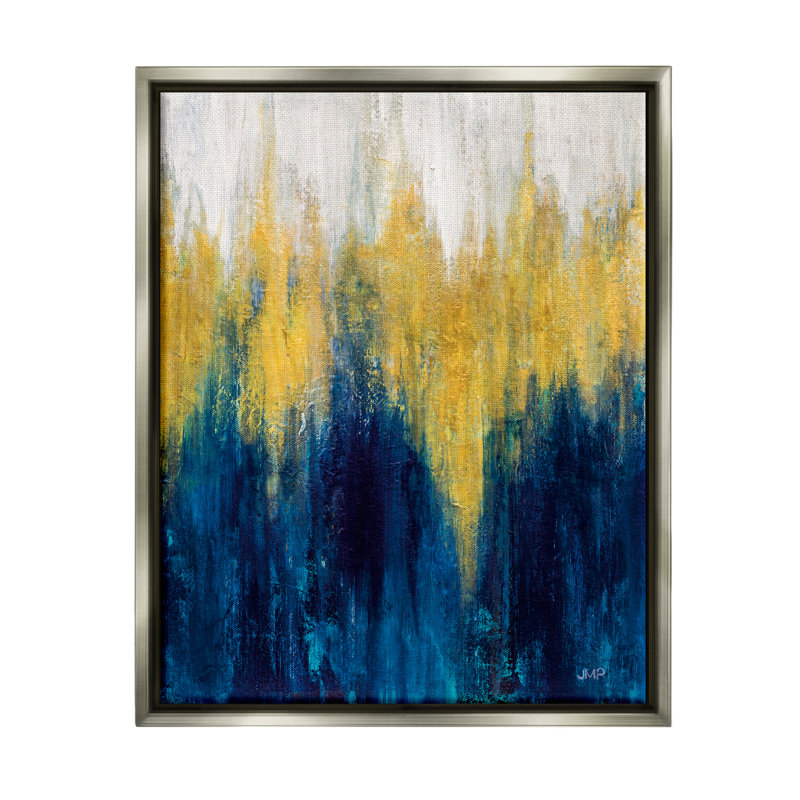 «Blue and Yellow Abstraction» par Julia Purinton, H 21 po x l 17 po x P 1,5 po, Cadre flottant noir de jais