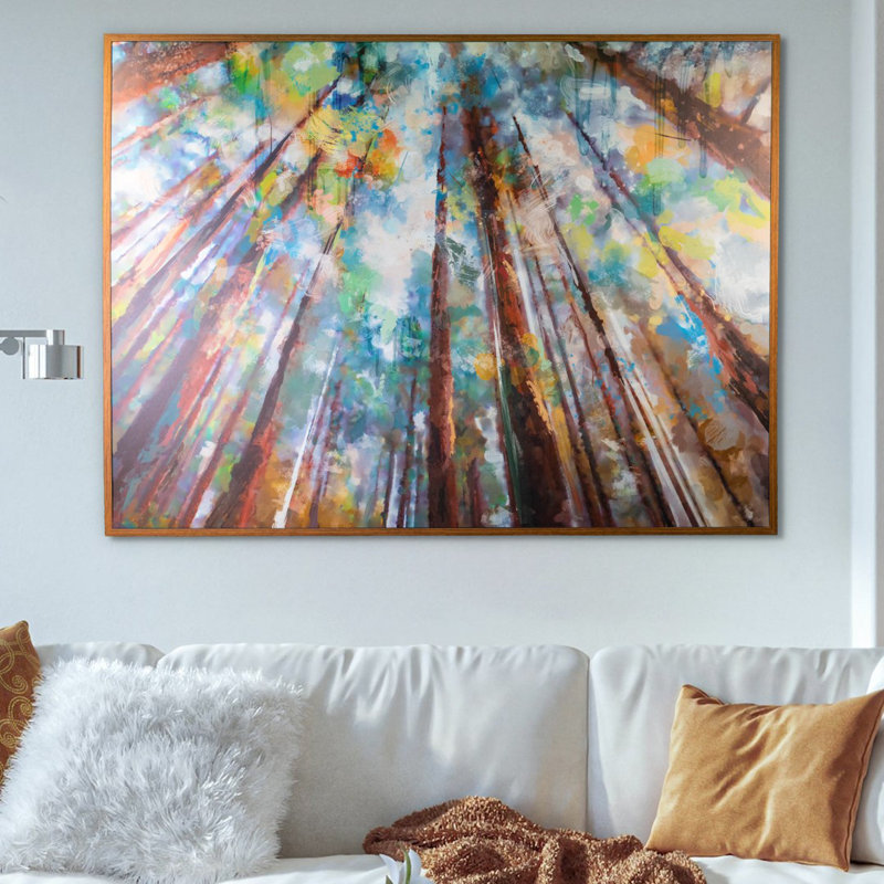 Couleurs de la forêt par Studio Arts 31x41" - Grande toile abstraite représentant un arbre, avec cadre taupe, Taupe