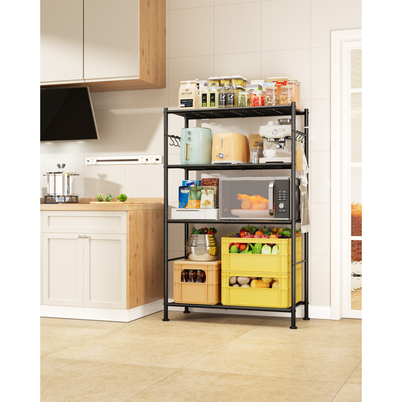 Storage Shelves - 4-Tier Spacious Shelf Organizer with Hooks & Leveling Feet, Easy to Assemble, Rust-Resistant Garage Shelving for Kitchen, Pantry, Bedroom, 33.2" x 12.7" x 57.3", Black