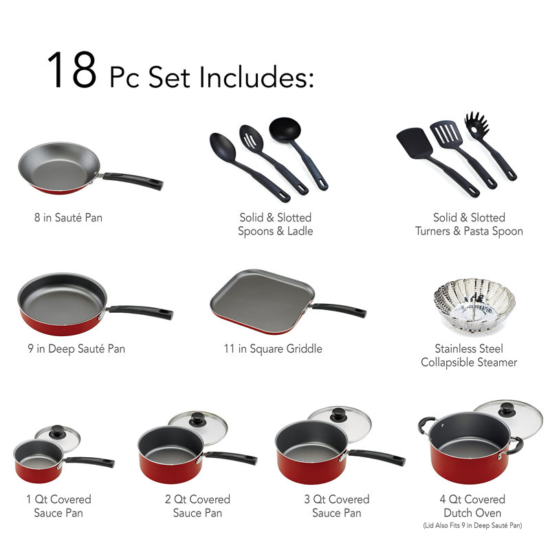 Ensemble de batterie de cuisine 18 pièces - aluminium, antiadhésif - rouge - den - Primaware
