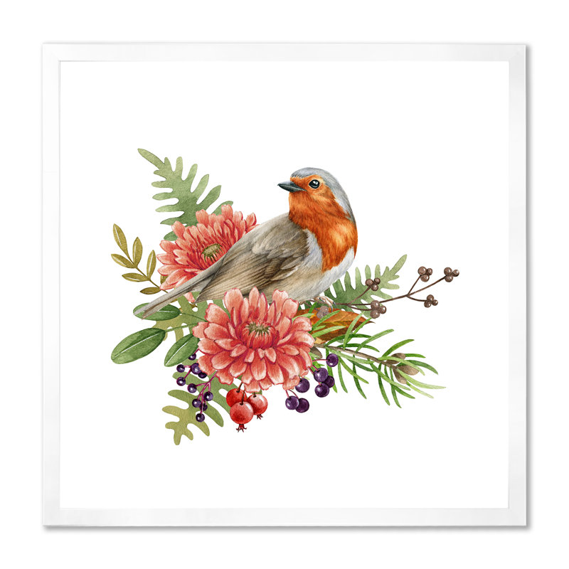 Oiseau de merle avec fleurs - reproduction d'art sur toile traditionnelle, H 16 po x l 16 po x P 1 po, Cadre photo blanc