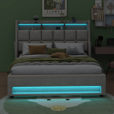 Goguen Upholstered Platform Bed With A Hydraulic Storage System, LED And USB Charging