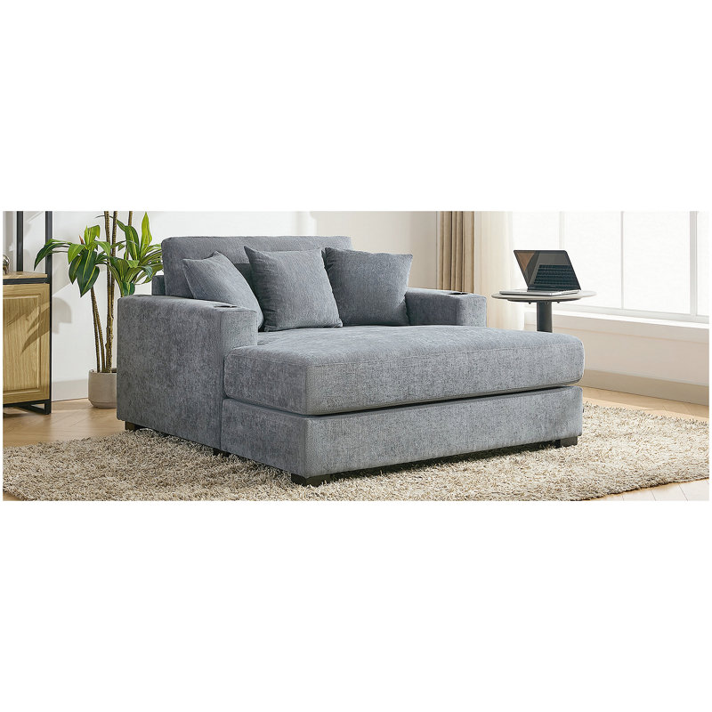 55" Oversized Chaise Lounger Modern Style Sofa Couch ,with Pillows, Charge Station & Cup Holders, Chenille Fabric, Blue Gray