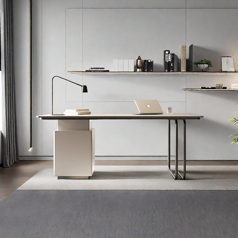 Bureau en pierre frittée avec tiroirs, 28.74" H x 62.99" W x 27.56" D, Gris / Blanc