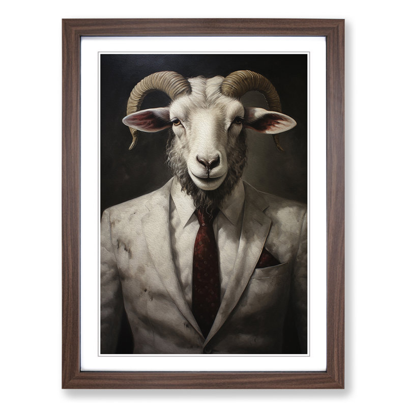 Ram Sheep In A Suit No.5 - Single Picture Frame Print on Wood, 46cm H x 34cm W x 2cm D, Walnut 