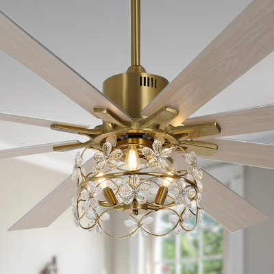 72-Inch Large Modern Gold Ceiling Fan with Remote, 8-Blade Reversible Fandelier with Floral Crystal Light Kit, 6-Speed Quiet DC Motor for Great Rooms, Living Rooms, and High Ceilings