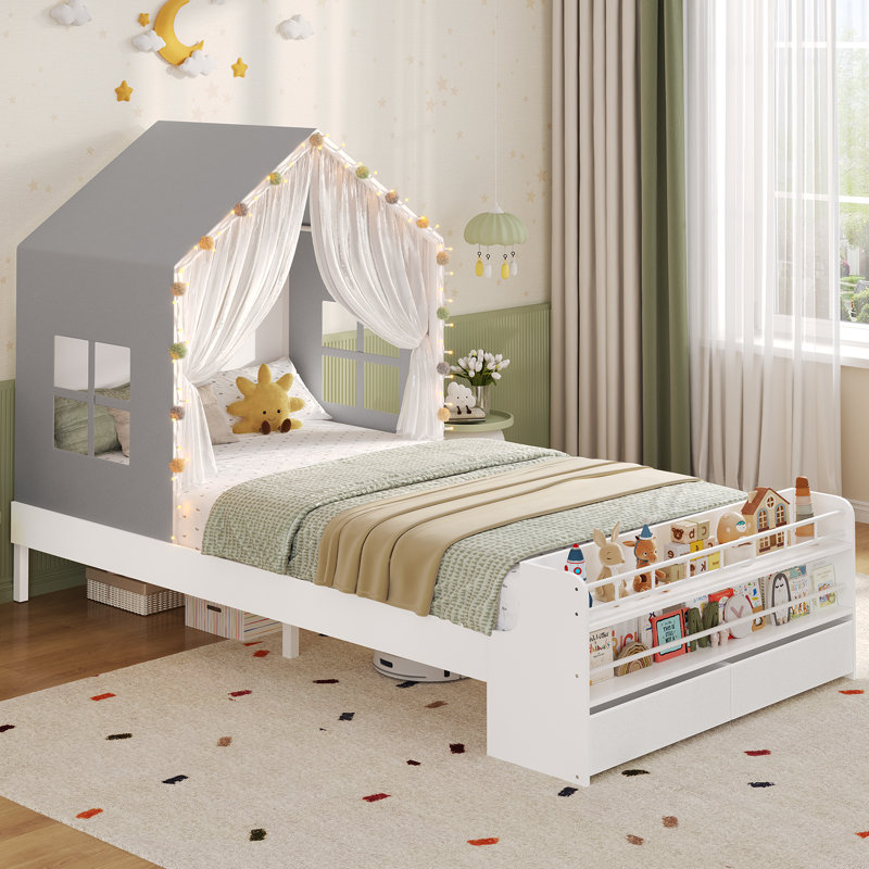 Structure de lit plateforme simple avec 2 tiroirs de rangement et des bibliothèques ouvertes pour la chambre à coucher, lit de maison avec toit et rideau et fenêtre, lit pour tout-petit, économie d'espace sans sommier, assemblage facile