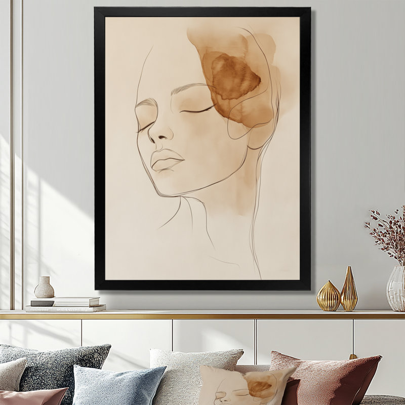 Beige Softbrown Soft Line Feminine Form II - Portraits abstraits - Tableau encadré, H 40 po x l 30 po, Black Picture Framed